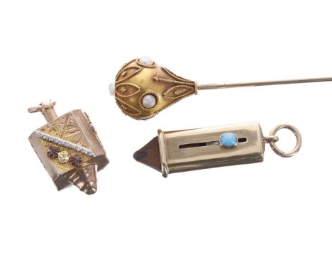Antique gold pearl set hat pin with wirework decoration, 5.6gm, 7" long; with a 9ct turquoise set pencil pendant, 2.2gm exclu