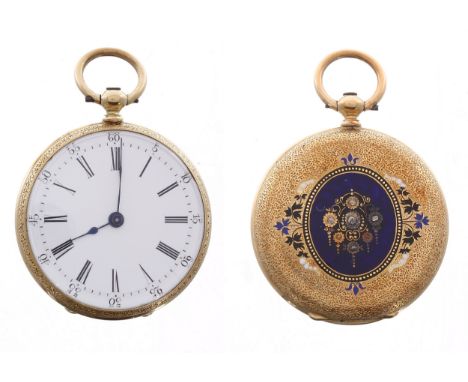Attractive 18ct enamel cylinder fob watch, inscribed hinged cuvette, within an engraved case with enamel case back set with f