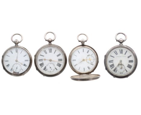 Silver fusee lever hunter engine turned pocket watch,&nbsp;together with three silver fusee lever pocket watches&nbsp;(4) 