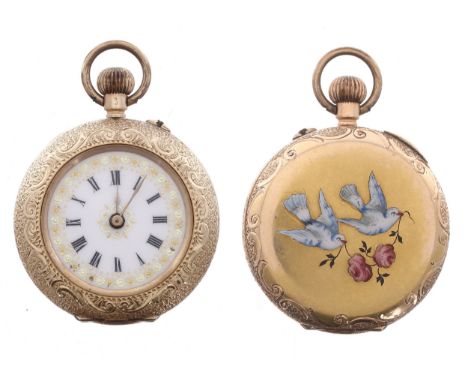 Attractive 14ct enamel cylinder fob watch, hinged metal cuvette, the case with engraved bezel and enamel back depicting two d