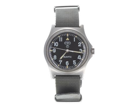 CWC Quartz British Army stainless steel gentleman's wristwatch, black dial with Arabic numerals, minute track with dot and ba
