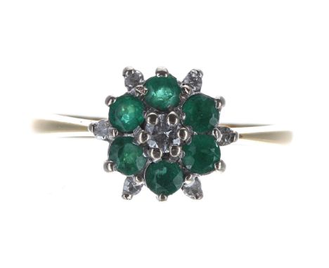 18ct yellow gold emerald and diamond cluster ring, 10mm diameter, 2.9gm, ring size N 