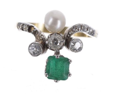 Attractive emerald, old-cut diamond and pearl dress ring, the square emerald 0.40ct approx, 18ct and platinum set, 4.2gm, rin