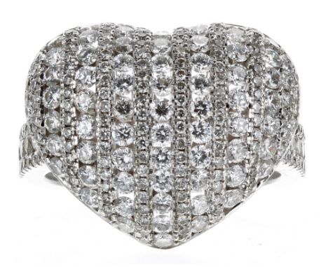 Fancy 18ct white gold pavé diamond heart design dress ring, with set shoulders, width 17mm, 10.2gm, ring size O 