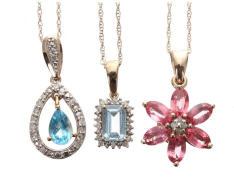 Two 9ct gem set and diamond pendants upon slender 9ct chains; together with a 9ct gem set pendant upon a slender 9ct chain (c