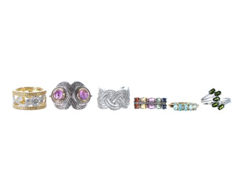 Six assorted stone and gem set rings to include Karis platinum bonded ring; three GbD rings and a platinum bonded ring, 30.8g