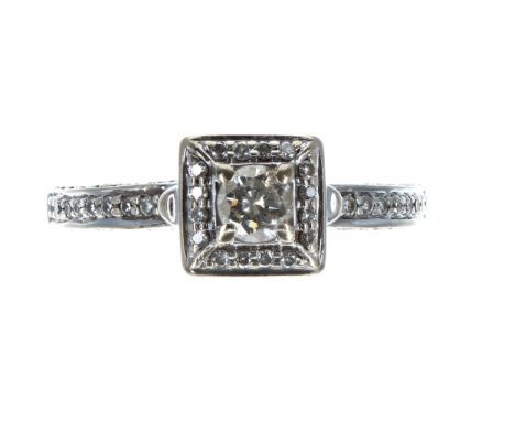 18ct white gold square diamond cluster ring with diamond shoulders, width 8mm, 4gm, ring size P 