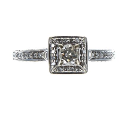 18ct white gold square diamond cluster ring with diamond shoulders, width 8mm, 4gm, ring size P 