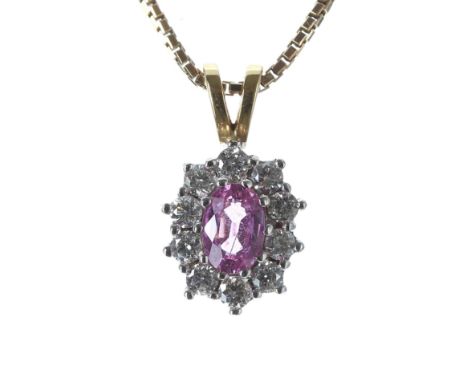 18ct yellow gold pink sapphire and diamond oval cluster pendant on a 14ct yellow gold necklace, the oval sapphire 1.34ct, in 