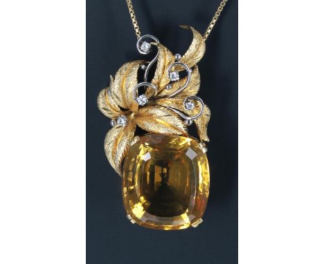 Large and impressive 18k yellow gold citrine and diamond pendant on chain, the oval cushion citrine 53.00ct approx, with five
