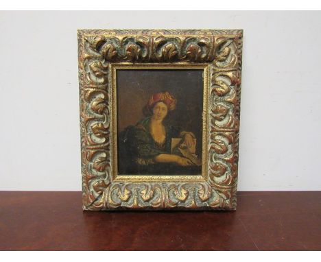An oleograph portrait of lady with head-dress, gilt frame,  13cm x 11cm 