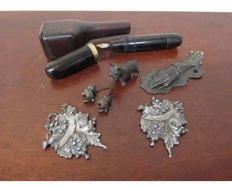 An oversized fountain pen, Antique mahogany pipe case, Victorian letter clip, two wine labels and a group of French Bulldogs 