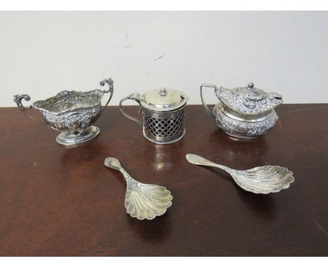 A silver mustard pot, an EPNS example, silver salt pot and tea caddy spoons