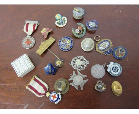 Silver Alberts, enamel badges etc including British Legion, Railway Service, Red Cross 