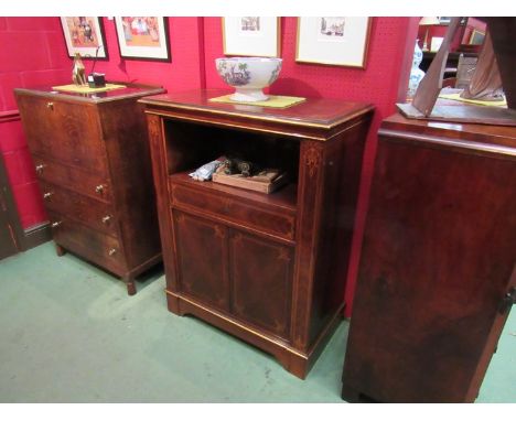 An inlaid kingwood veneer 18th Century style cabinet having gilt relief the open shelf over a single drawer and two door cupb