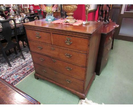 Circa 1760 a feathered oak chest of two short over three graduated long drawers on bracket feet 