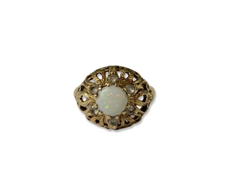 9ct Yellow Gold fancy design large Opal ring surrounded but white stones, weighing 4.58 grams size P 