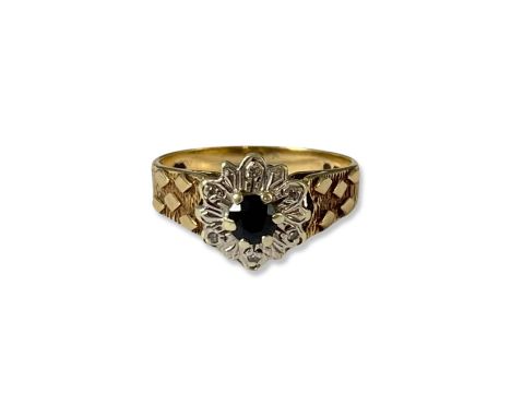 9ct Yellow Gold Sapphire and Diamond solitaire ring weighing 2.34 grams size J 