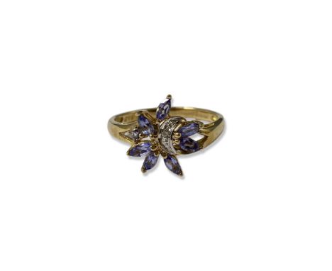 9ct Yellow Gold Amethyst and Diamond floral ring, weighing 2.65 grams size R 