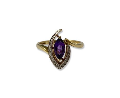 9ct Yellow Gold Amethyst and Diamond marquise shape cluster ring, weighing 2.22 size L 1/2 