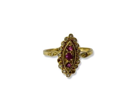 18ct Yellow Gold London 1989 Fancy Design Pink Stone and Diamond ring weighing 3.99 grams size M 1/2 