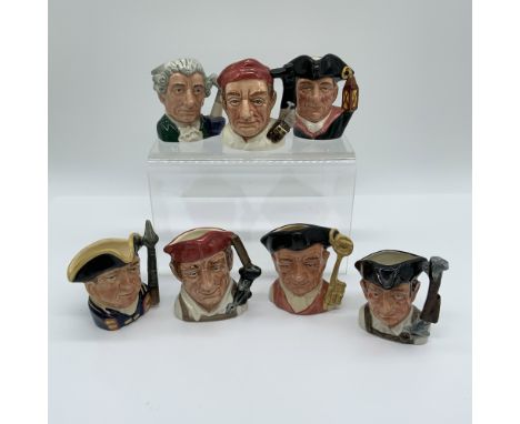 This is a set of seven Royal Doulton miniature character jugs from the "Character Jugs from Williamsburg" series. Each jug me