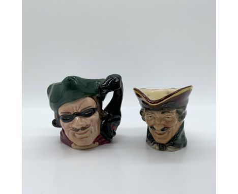 A pair of Royal Doulton miniature character jugs featuring Dick Turpin in both the first and second versions. The first versi