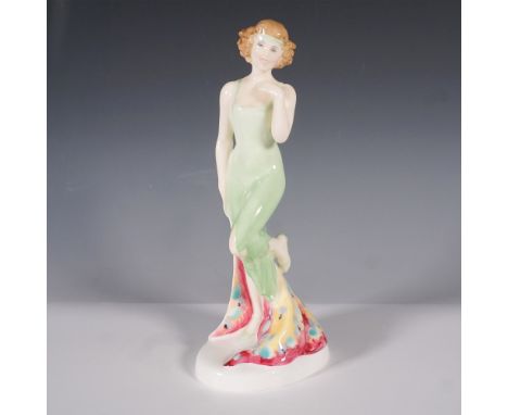 This Royal Doulton figurine, part of the Sweet and Twenties Collection, features a charming lady dressed in a flowing green g