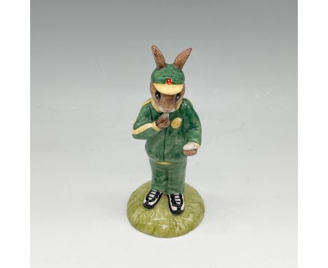 Charming Royal Doulton Bunnykins figurine titled Stop Watch Bunnykins, model DB 253. This hand-painted and hand-decorated por