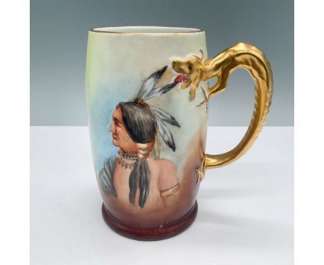 A J.P.L. (Jean Pouyat Limoges) France tankard mug featuring a hand-painted depiction of a Native American profile, highlighte