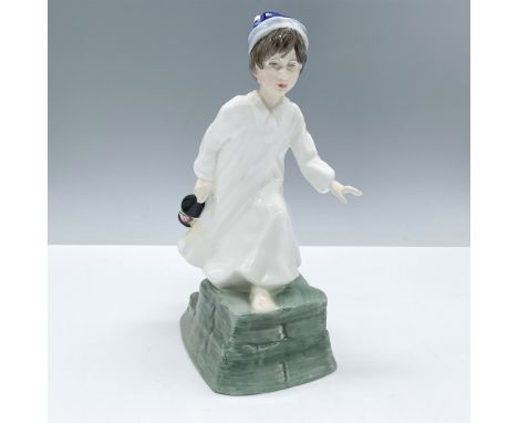 From the Nursery Rhymes collection. Modeled in a white nightgown and blue hat holding a lamp. Royal Doulton backstamp.Artist: