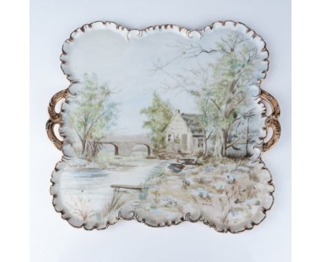 Exquisite hand-painted Limoges porcelain tray featuring a serene countryside scene with a thatched-roof cottage, a stone brid
