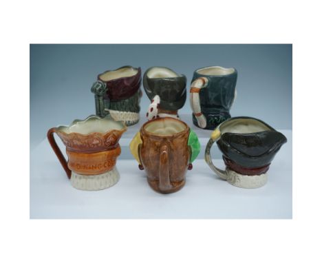 This lot features six Royal Doulton character jugs, including Old King Cole (Model D5971) with a scalloped lip and crown, Jes