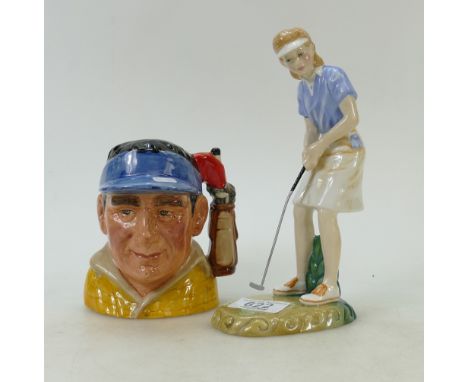 Royal Doulton golfing figures: Winning Putt HN3279 (seconds) and medium character jug The Golfer D7064 (2)
