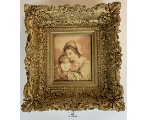Print of woman and child, unsigned. 5.5” x 6.25”, frame 13” x 14”.  Small pieces missing from frame.