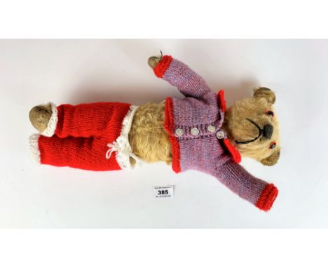 Old teddy bear with clothes, 15” long