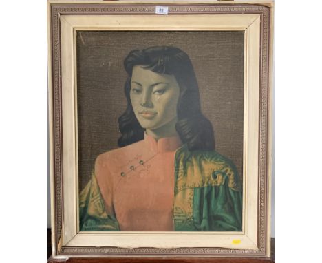 Print on board, “Miss Wong” by V. Tretchikoff, 19.5” x 23.5”, frame 25.5” x 29.5”. Some marks and scratches to print, frame p