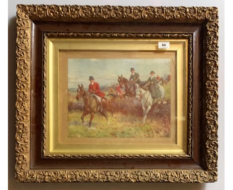 Print, Hunting scene in gilt and wood frame. 12.5” x 9.5”, frame 24” x 21”.