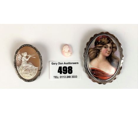 Silver and enamel painted brooch, length 2.25”, silver cameo brooch length 1.5” and tiny piece of cameo .5”