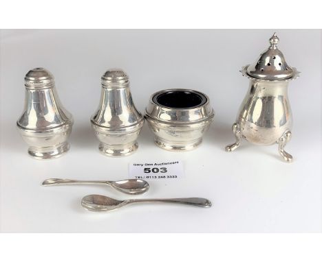 Matching silver salt, pepper and mustard pot with blue glass liner and 2 salt spoons, and EPNS pepper pot. Total silver w: 1.