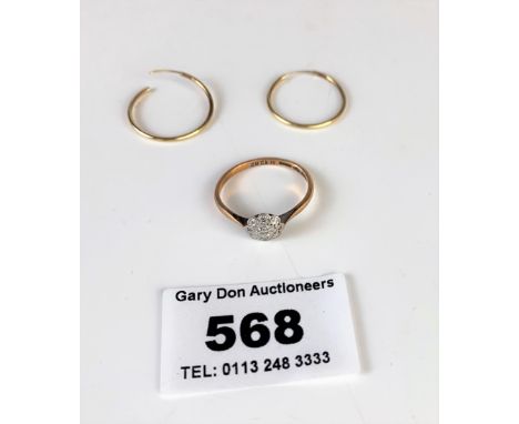 9k gold and platinum ring, size N and pair of 9k gold hoop earrings, total w: 2.2 gms