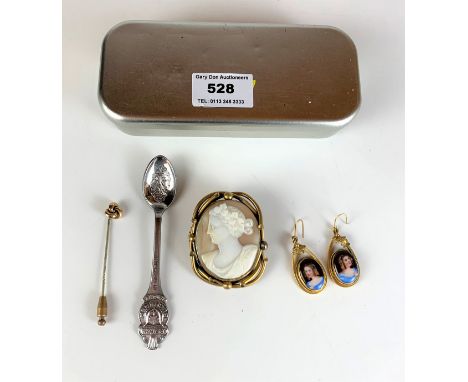 Dress cameo brooch, pair of dress portrait earrings, tiepin and souvenir Rolex spoon