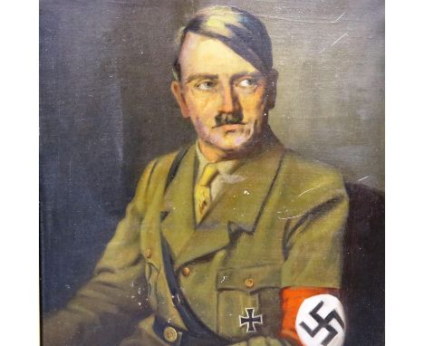 An unattributed WWII period oil on canvas portrait, Adolf Hitler, overall 68 x 90 cm. Not available for in-house P&amp;P 