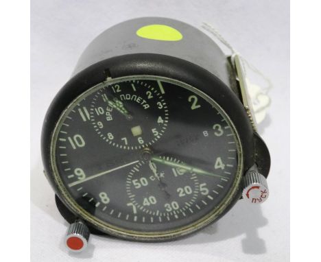 Soviet Russian aircraft instrument clock AYC-1, manual wind with luminous black dial, serial No 25982, working at lotting, li