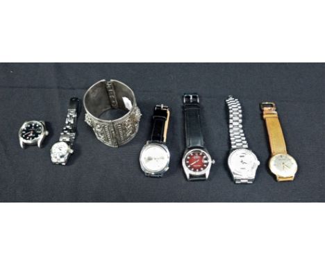 A QUANTITY OF GENTS WATCHES and a white metal bangle