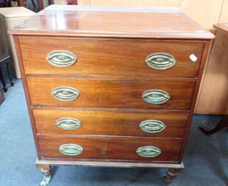 A 19TH CENTURY CHEST OF FOUR DRAWERS of small proportions, on turned feet 61cm wide (adapted from a commode)