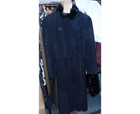 BRADLEY: A VINTAGE FULL LENGTH BLACK SUEDE COAT with fur collar and button detail to the sleeves (1)