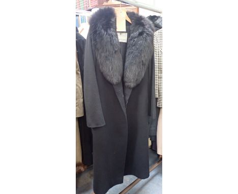 AQUASCUTUM; A VINTAGE FULL LENGTH BLACK COAT with fur collar (1)