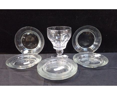 A LARGE WINE GLASS with a set of six ice plates, 19th century, glass 14 cms high