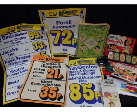 A COLLECTION OF VINTAGE SUPERMARKET POSTERS a 'PEGITY' game, Concorde souvenir booklet and other items